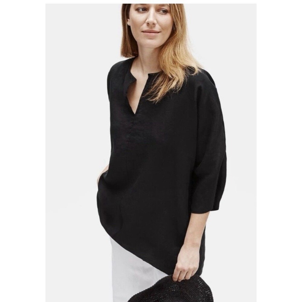 Eileen Fisher black organic linen tunic V-Neck Size PS 3/4 sleeves Lagenlook
